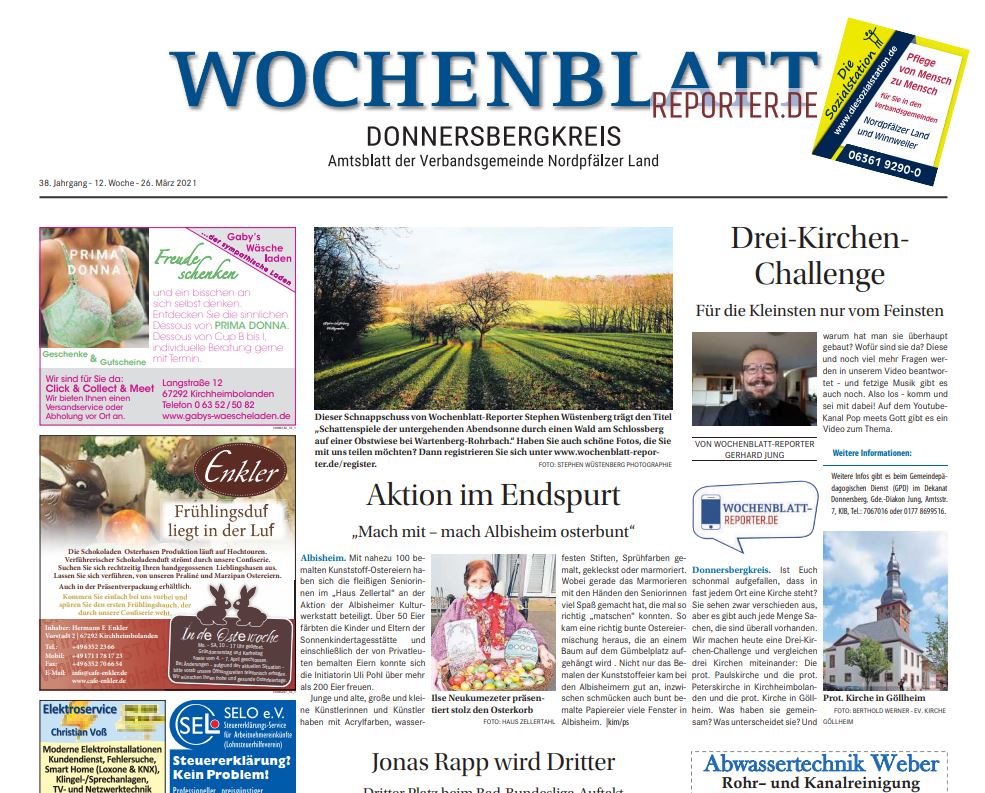 Titelseite des auflagenstarken Anzeigenblatts Wochenblatt-Reporter, Ausgabe Grünstadt oder Kirchheimbolanden.