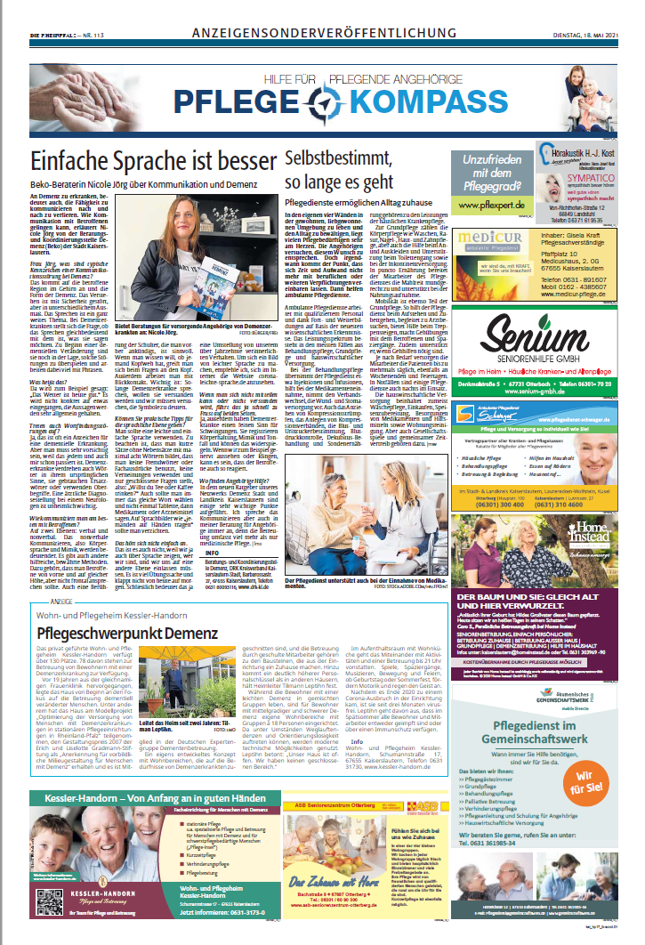 In der Lokalausgabe Kaiserslautern, dem „Pflegekompass“ erscheint in der Lokalausgabe in Kaiserslautern und präsentiert Werbung rund um die Pflege. 