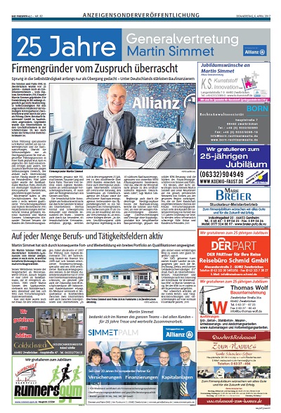 Unsere Sonderveröffentlichung bietet Platz für Jubiläumsanzeigen von Firmen in der häufig gelesenen Tageszeitung RHEINPFALZ