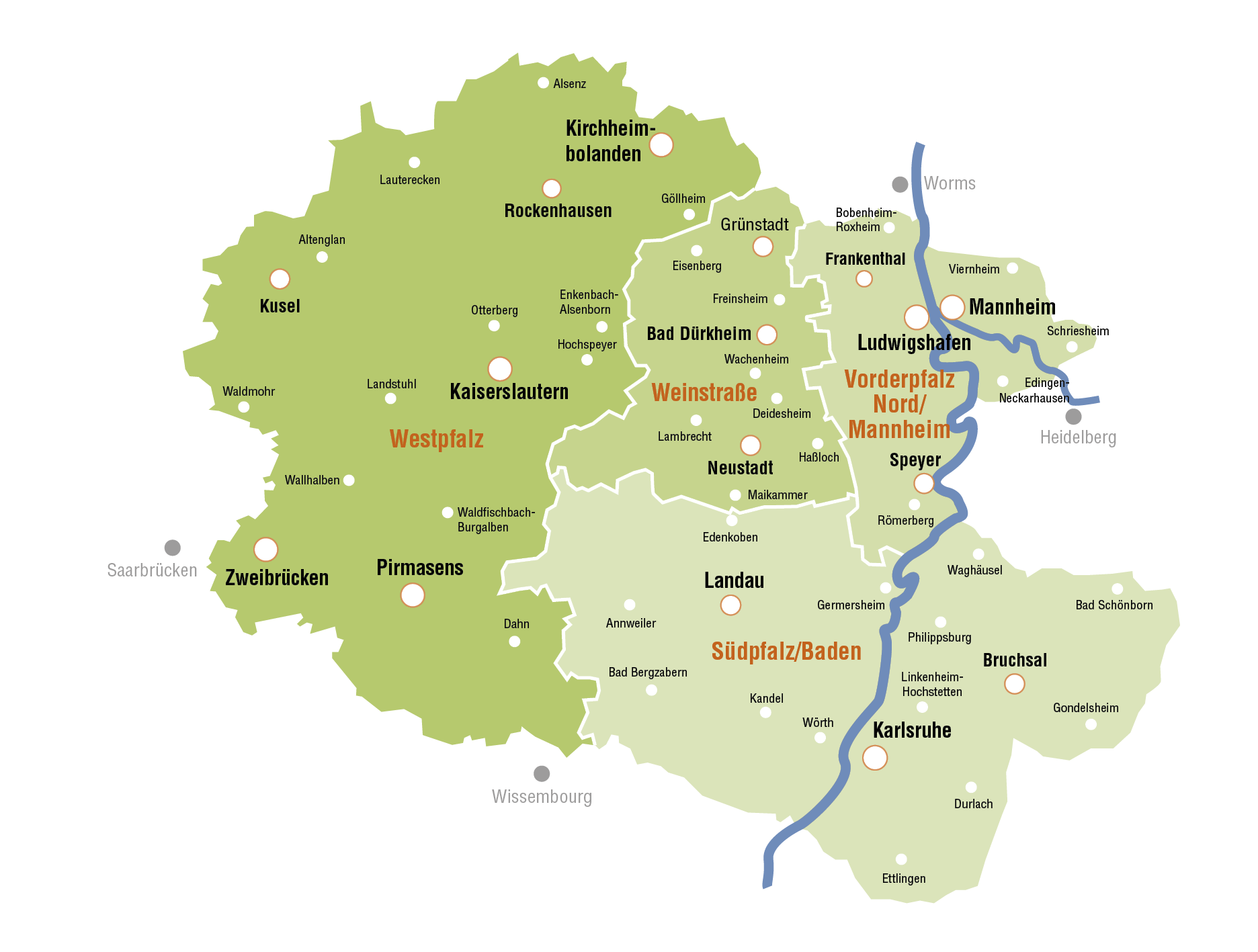 Die Karte für Ihre Werbeplanung über Mediawerk Südwest, welche die vier Regionalbereiche Westpfalz, Südpfalz/Baden, Vorderpfalz Nord/Mannheim und die Weinstraße sowie die verschiedenen Städte zeigt.