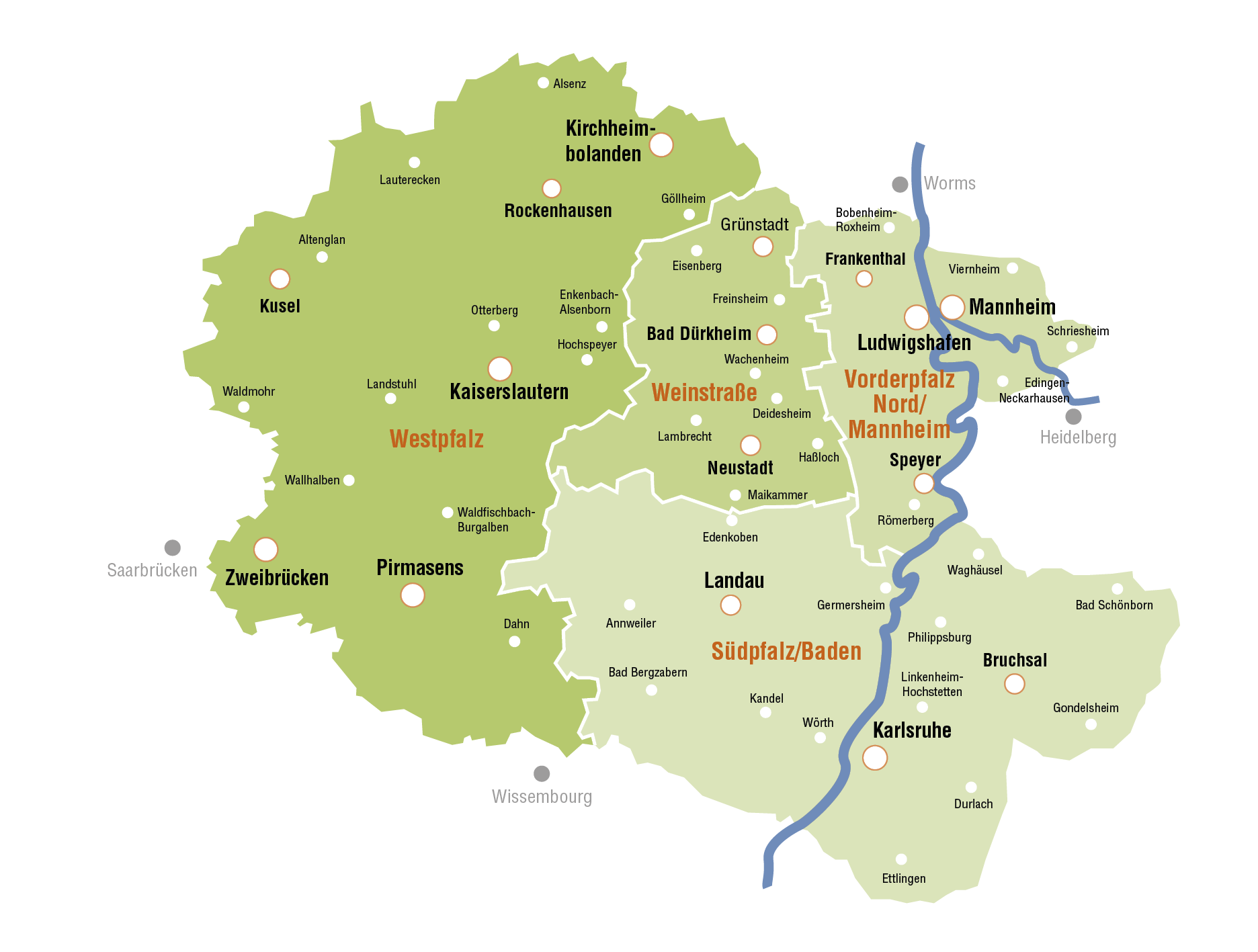 Verbreitungsgebiet Mediawerk Südwest Die Karte für Ihre Werbeplanung über Mediawerk Südwest, welche die vier Regionalbereiche Westpfalz, Südpfalz/Baden, Vorderpfalz Nord/Mannheim und die Weinstraße sowie die verschiedenen Städte zeigt.