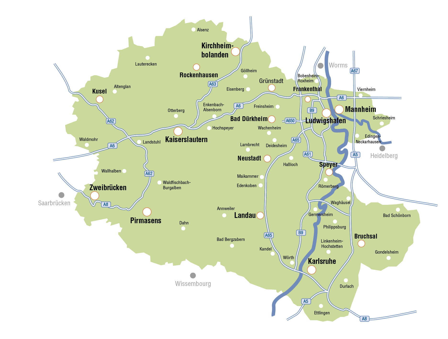 Im Verbreitungsgebiet von Mediawerk Südwest erscheint die Rheinpfalz und das Wochenblatt in der Pfalz und in Baden, z.B. in Mannheim, Speyer, Germersheim oder Bad Dürkheim.
