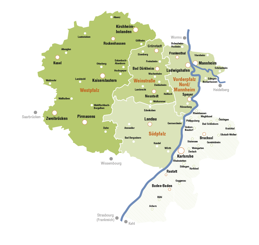 Die Karte für Ihre Werbeplanung über Mediawerk Südwest, welche die vier Regionalbereiche Westpfalz, Südpfalz/Baden, Vorderpfalz Nord/Mannheim und die Weinstraße sowie die verschiedenen Städte zeigt.